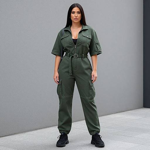 Photograph of a confident woman with long black hair, wearing a dark green, belted, button-down jumpsuit and black sneakers, standing against a