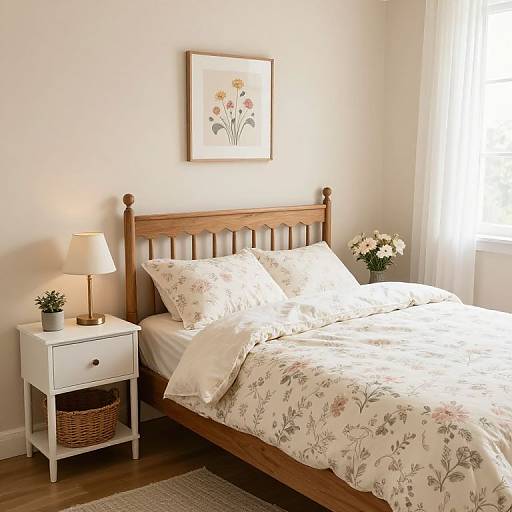 Cozy bedroom photograph: wooden bed with floral bedding, white nightstand, lamp, small potted plant, basket, framed flower art, sunlight through