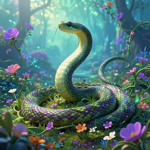 Digital artwork of a vibrant, iridescent snake coiled among colorful flowers in a magical, sunlit forest, with glowing light filtering through the trees