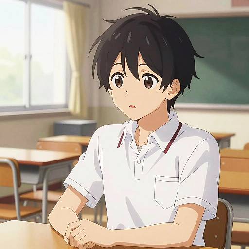 Anime-style digital illustration of a young boy with black hair, brown eyes, wearing a white short-sleeve shirt, sitting in a sunlit classroom