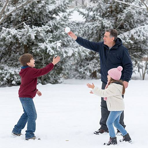 Photograph of a winter scene: a man and two children, one boy and one girl, playfully tossing a snowball in a snowy forest.