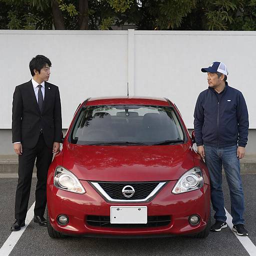 Men in Suits Beside a Red Nissan