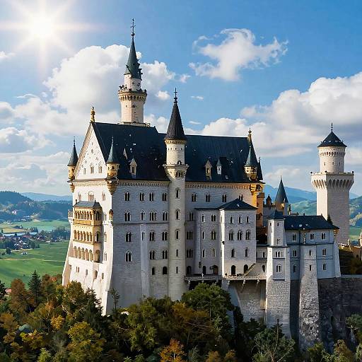 Photograph of a majestic, light-gray stone castle with multiple tall, dark-roofed towers, set against a bright blue sky with scattered clouds and