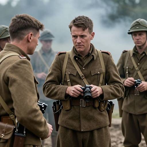 Photograph of World War II-era soldiers in brown uniforms and helmets, with one holding a camera, standing amidst smoke. Four men, serious expressions,