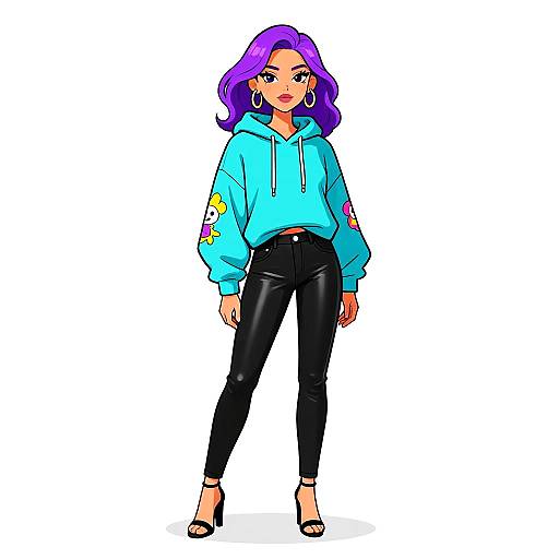 Digital illustration of a confident woman with purple hair, wearing a blue hoodie, black leather pants, and black heels, standing against a white background.