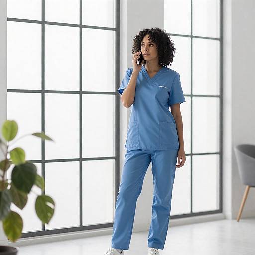Woman in Blue Scrubs by Window