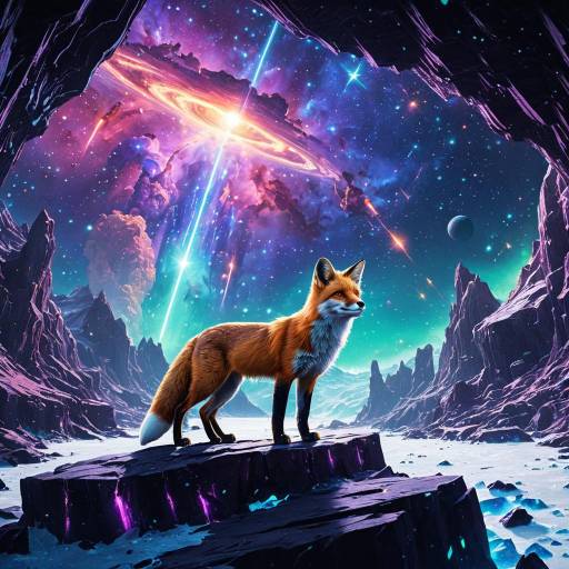 Fox in Icy Titan Cave with Cosmic Nebula