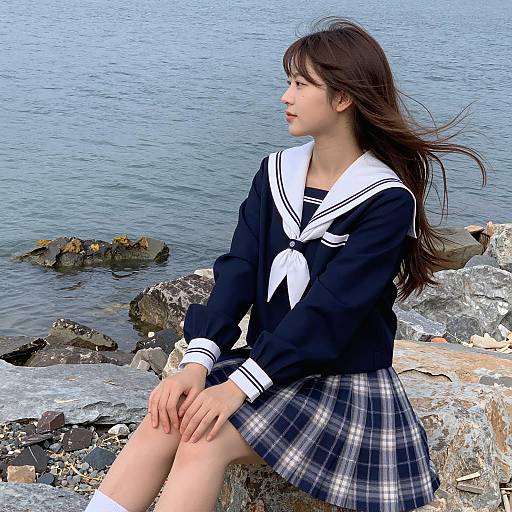 Asian Girl in Sailor Uniform by Lake