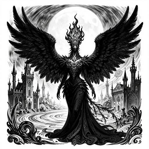 Black, winged, Gothic queen in detailed, flowing dress stands amidst swirling clouds and medieval castles, illuminated by a bright, circular moon. Mon
