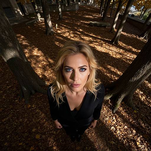 Photograph of a blonde woman with blue eyes, wearing a black top, standing in a sunlit, leaf-strewn forest, looking directly at