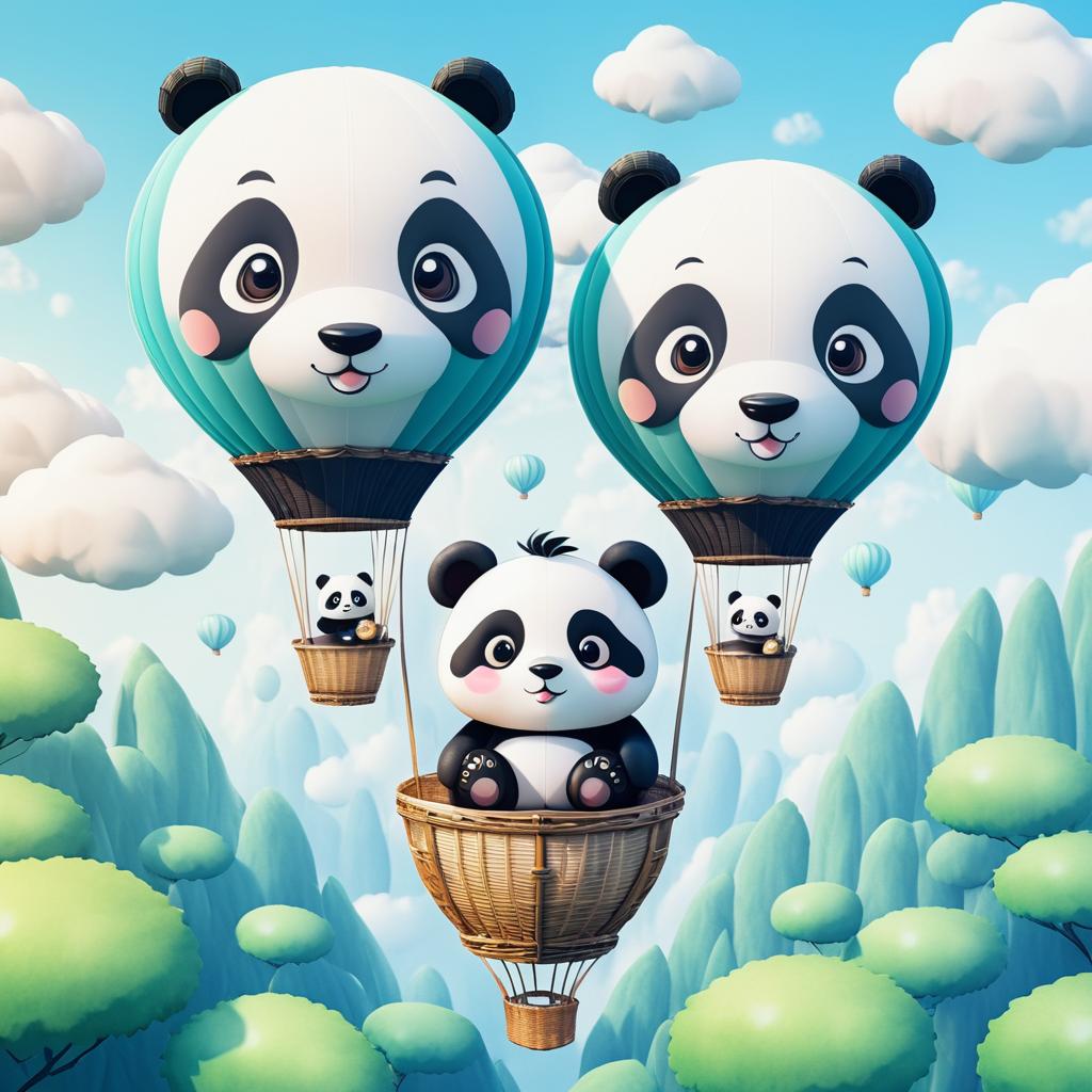 Cute Pandas Floating in Hot Air Balloon