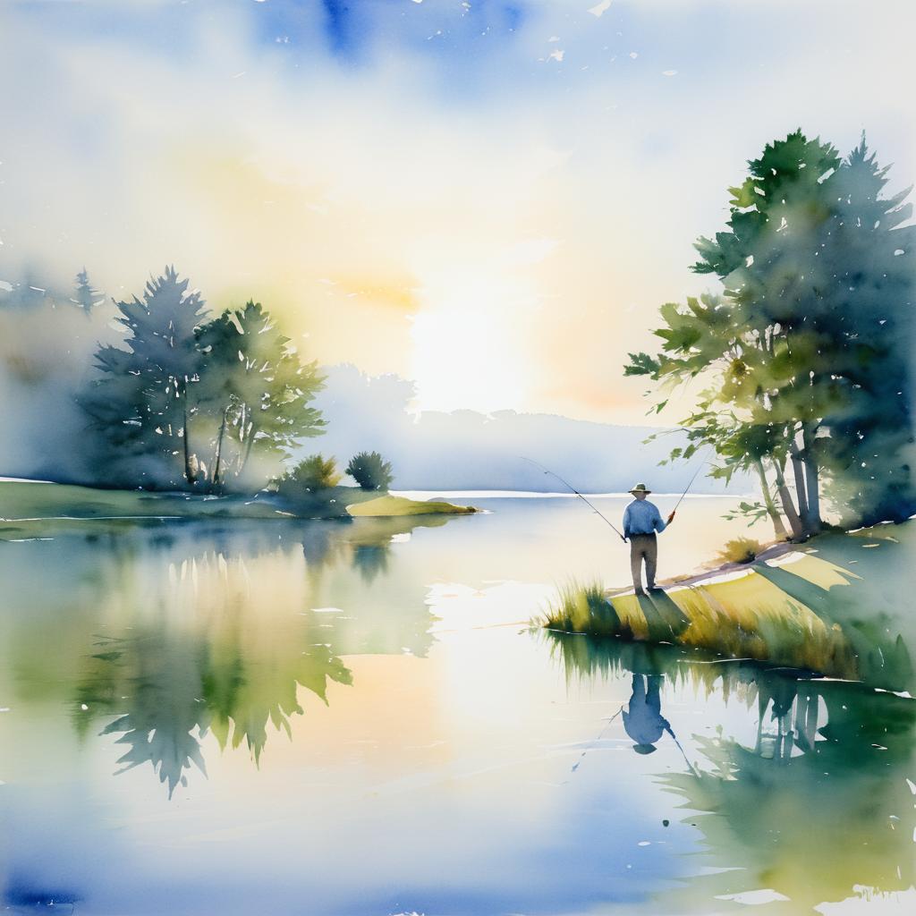 Tranquil Dawn: Fishing by the Lake