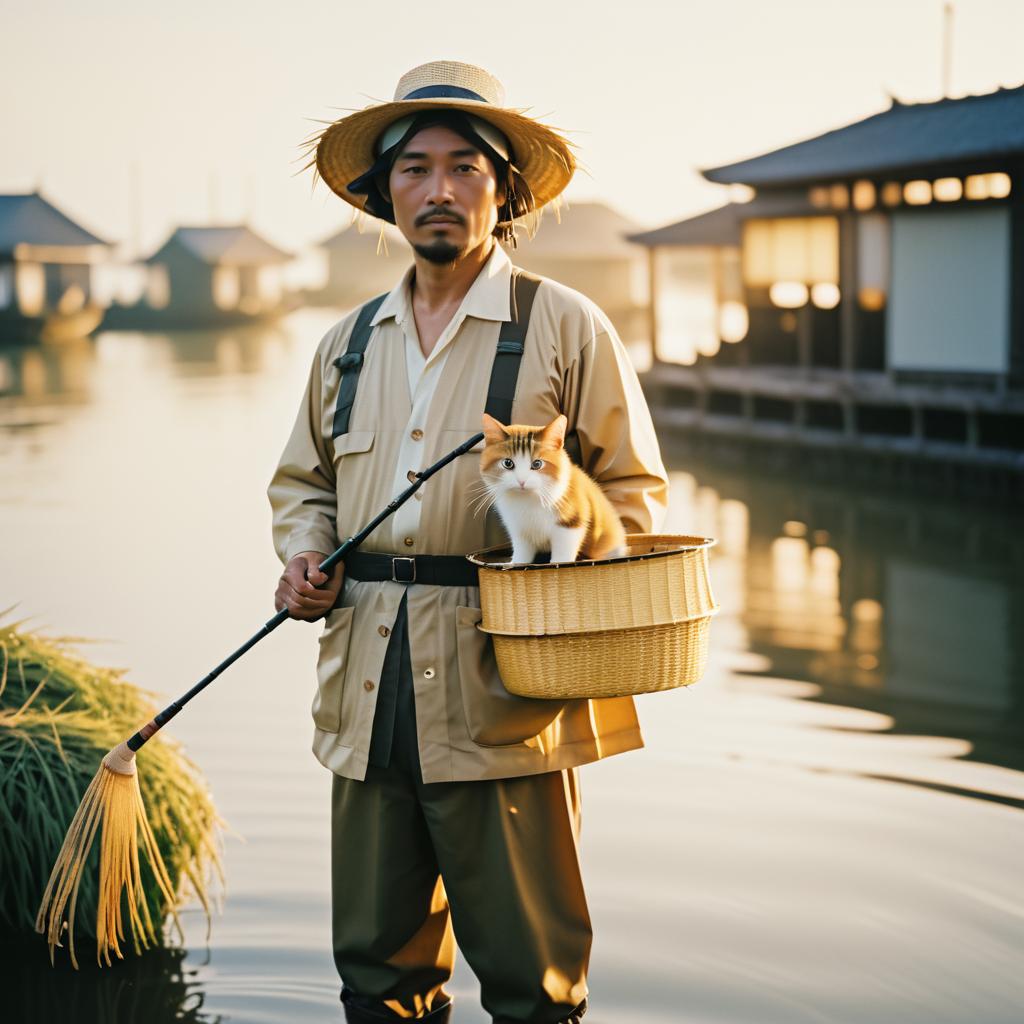 Cinematic Japanese Fisherman with Cat