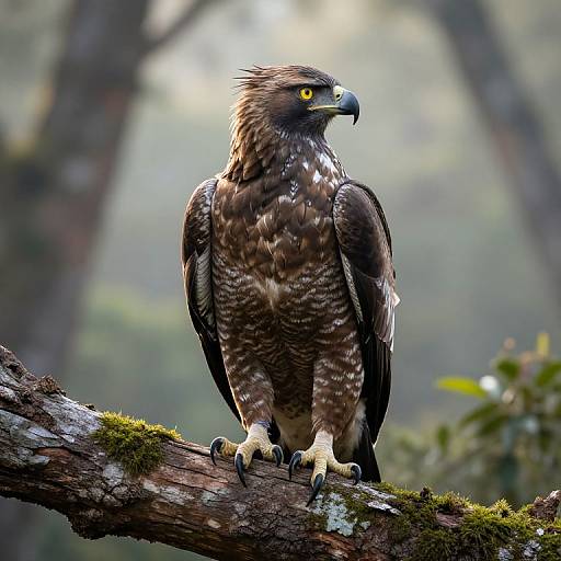 Photograph of a majestic brown hawk with yellow eyes and sharp talons perched on a moss-covered tree branch in a misty forest.