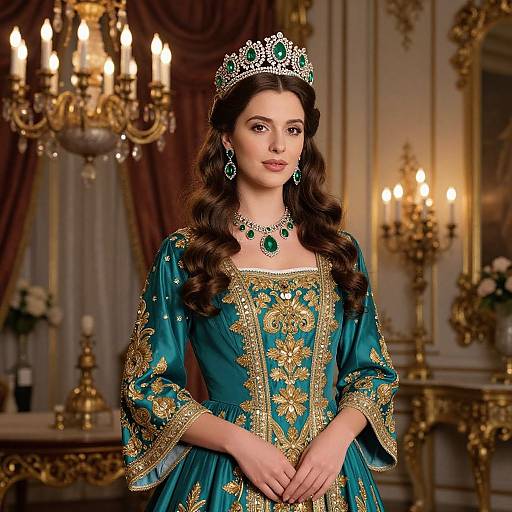 Photograph of a young woman with long brown hair, wearing a silver tiara, emerald necklace, and ornate teal and gold dress, standing