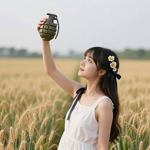 Young Asian woman with black hair and white dress, adorned with daisies, holds a grenade in a golden wheat field.