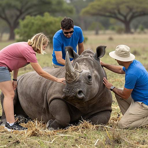 People Examining a Resting Rhinoceros in Wildlife Reserve