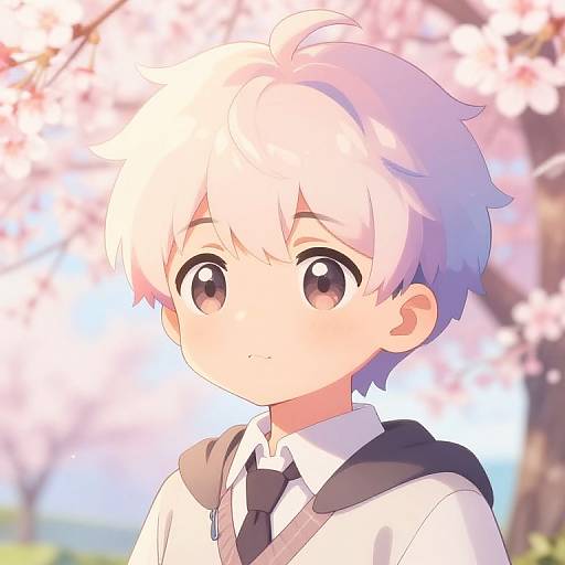 Anime-style digital drawing of a cute young boy with white hair and large brown eyes, wearing a white shirt and black tie, against a blurred background of