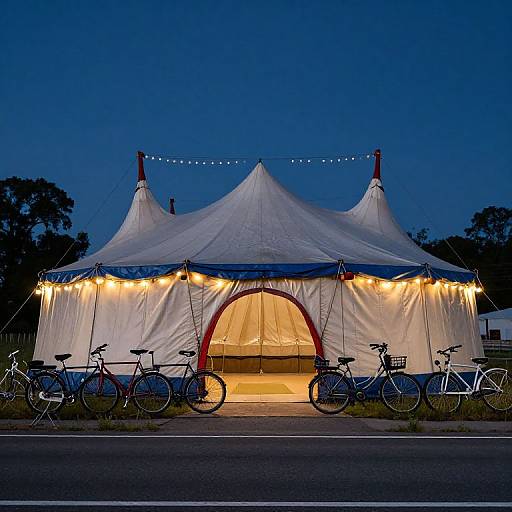Photograph of a white circus tent at dusk, lit with warm string lights, with four bicycles parked in front, against a deep blue evening sky.