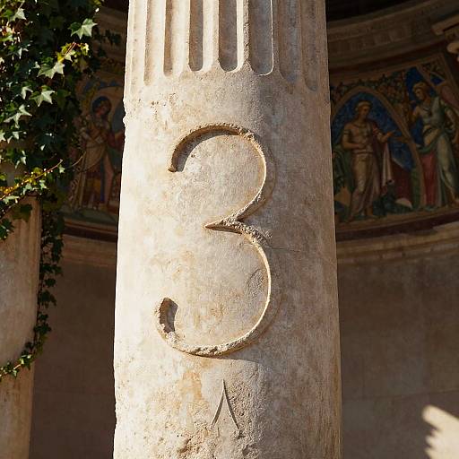 Photograph of a weathered stone column with a large, carved number 