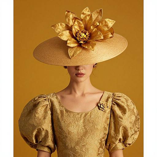 Photograph of a pale-skinned woman in an ornate gold dress with puffed sleeves, wearing a large, gold, flower-adorned hat