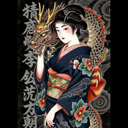 Digital art of a pale-skinned Japanese woman in a dark blue kimono with floral patterns, holding a vibrant dragon, black background with gray roses and