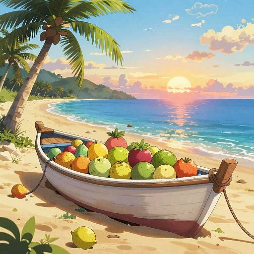 Vibrant Anime Beach Scene with Fruits