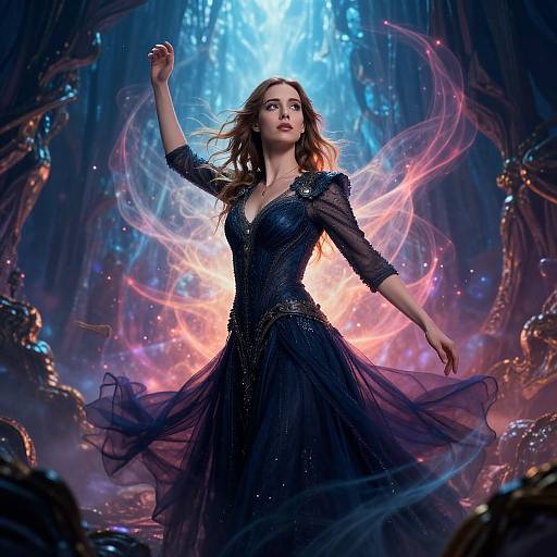 Digital artwork of a confident, red-haired woman in a flowing, black, sequin gown, standing amidst swirling, colorful lights and dark, mystical surroundings