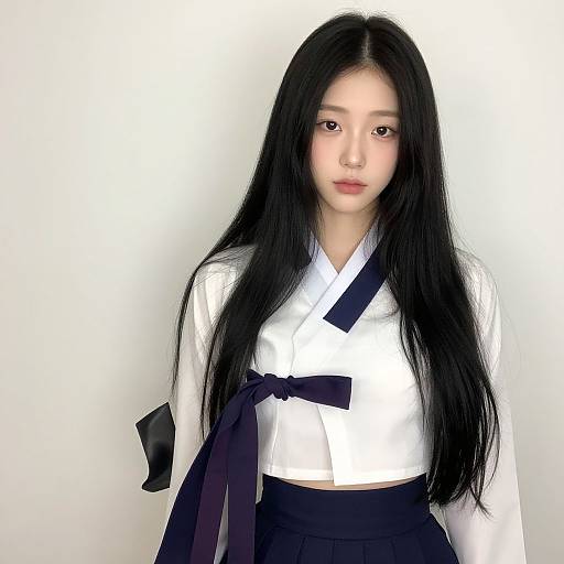 Photograph of an Asian woman with long black hair, wearing a white hakama top with a black ribbon, against a plain white background.