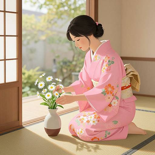 Woman Arranging Daisies in Pink Kimono