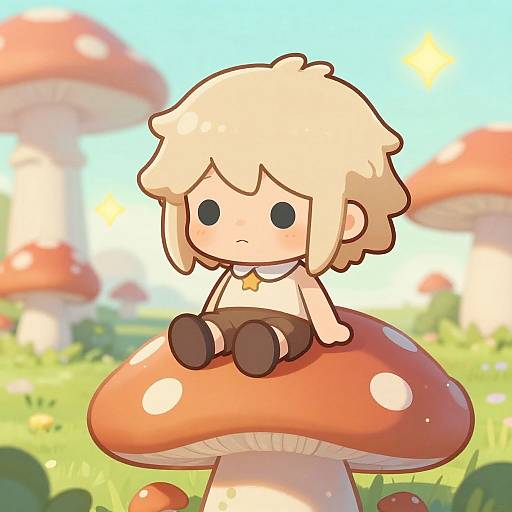 Cute Cartoon on Giant Mushroom