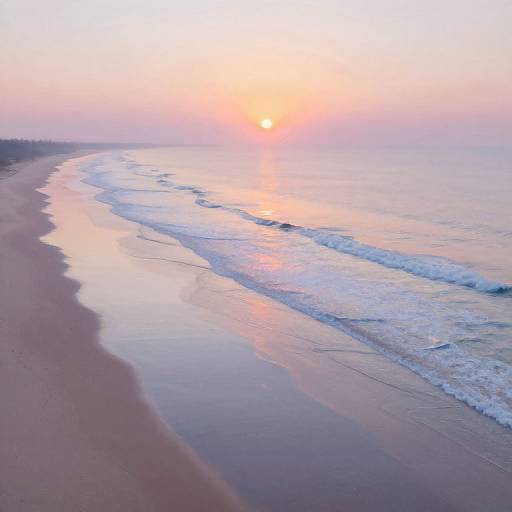 Aerial photograph of a serene beach at sunset, with gentle waves reflecting pink and orange hues on the sandy shore.