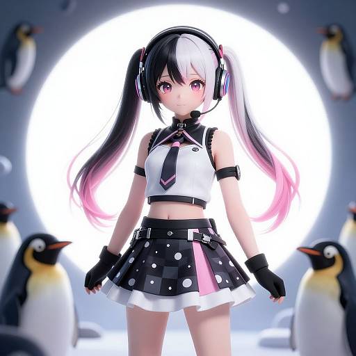 Digital anime-style drawing of a girl with black and white hair, pink highlights, wearing a black and white outfit, headphones, and penguin background.
