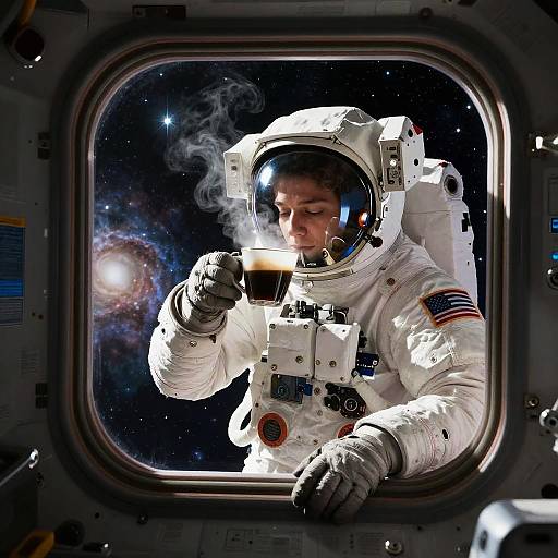Photograph: Astronaut in white spacesuit, American flag patch, sipping coffee through window, holding cup in gloved hand, cosmic background with