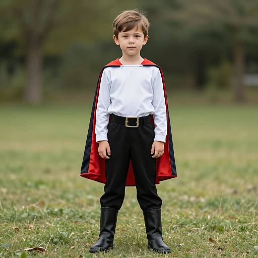 Photograph of a young boy with brown hair, wearing a white shirt, black pants, black boots, and a red and black cape, standing on