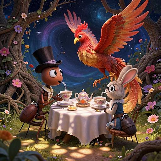 Whimsical CGI scene: anthropomorphic rabbit and bug in top hat dine under starry night sky, surrounded by flowers, with a fiery phoenix hovering