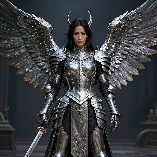 CGI image of a fierce, dark-haired angelic warrior with silver wings and horns, wearing detailed silver armor, holding a sword. Dark, mo