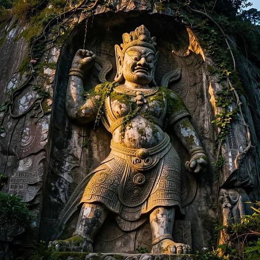 Photograph of a large, weathered stone statue of a muscular, crowned figure with intricate armor, standing in a cave-like rock alcove, surrounded