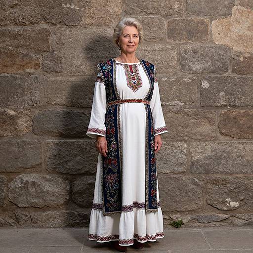Photograph of an elderly woman with gray hair, wearing a white traditional dress with intricate black and red embroidery, standing against a rustic stone wall.