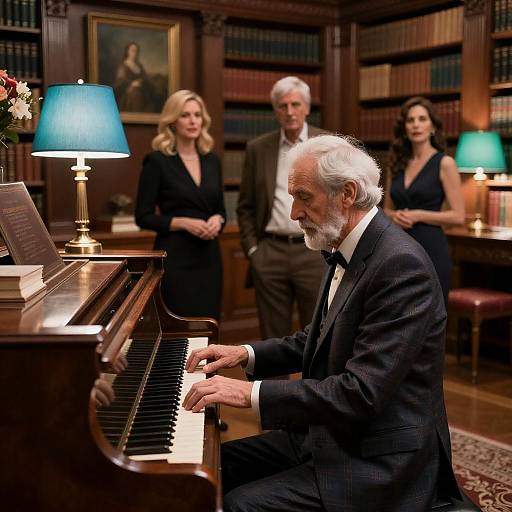 Elderly Man Playing Piano in Elegant Library