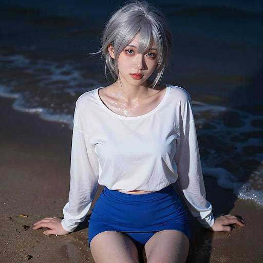 Young Woman with Silver Hair Sitting on Beach at Night