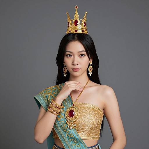 Photograph of an Asian woman with long black hair, wearing a gold crown, gold strapless top, blue-green patterned sash, and elaborate
