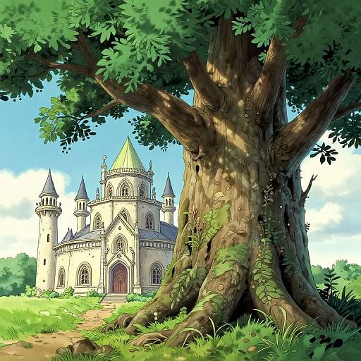Digital illustration of a grand, fairy-tale castle with green-topped towers, nestled behind a massive, leafy tree with a thick trunk, set