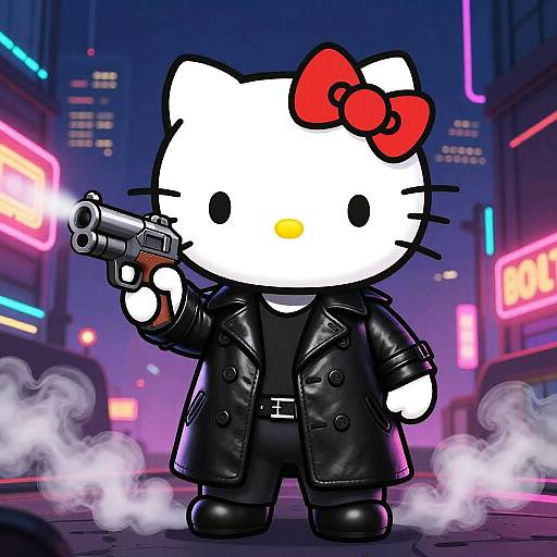 Digital artwork of Hello Kitty in a black leather coat, holding a gun, with a red bow, in a neon-lit, smoky city street