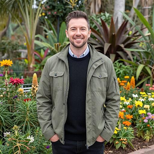 Confident Man in Vibrant Botanical Garden