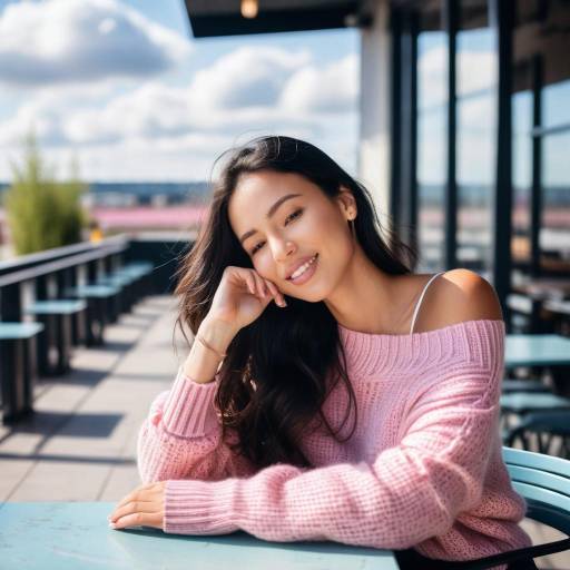 Smiling Woman in Pink Sweater at Cafe Terrace