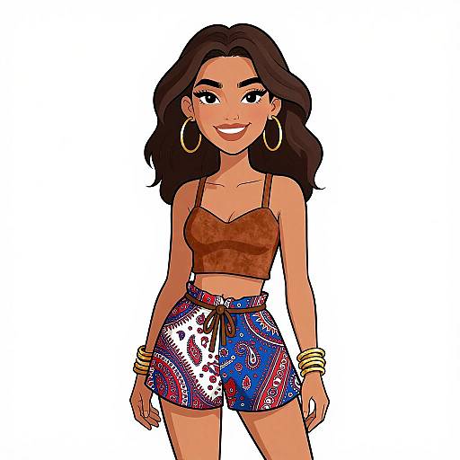 Digital illustration of a smiling woman with dark brown wavy hair, wearing a brown crop top, colorful high-waisted shorts, gold hoop earrings,