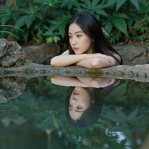 Photograph of an Asian woman with long black hair, resting her arms on a log in a reflective pond, surrounded by lush green foliage. Her reflection