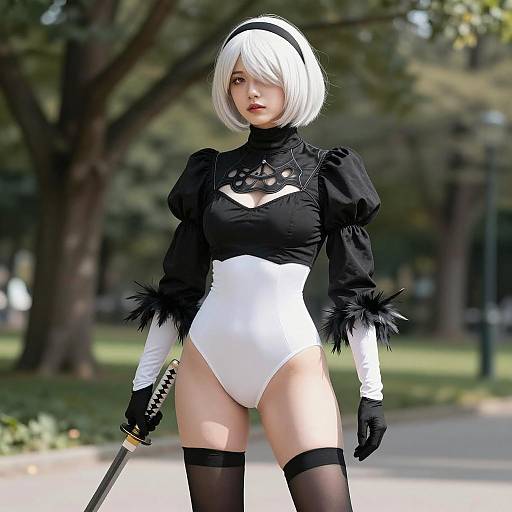 Cosplayer in Black and White Outfit Holding Katana