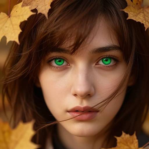 Photograph of a young woman with striking green eyes, brown hair, and fair skin, surrounded by autumn leaves, creating a magical, ethereal effect